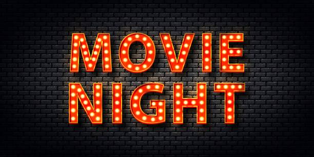 Vector realistic isolated retro marquee billboard with electric light lamps of Movie Night logo for template decoration and covering on the wall background.